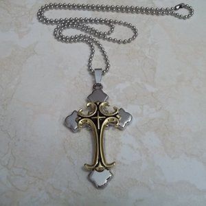 New Stainless Steel Black and Gold Fancy Cross Necklace